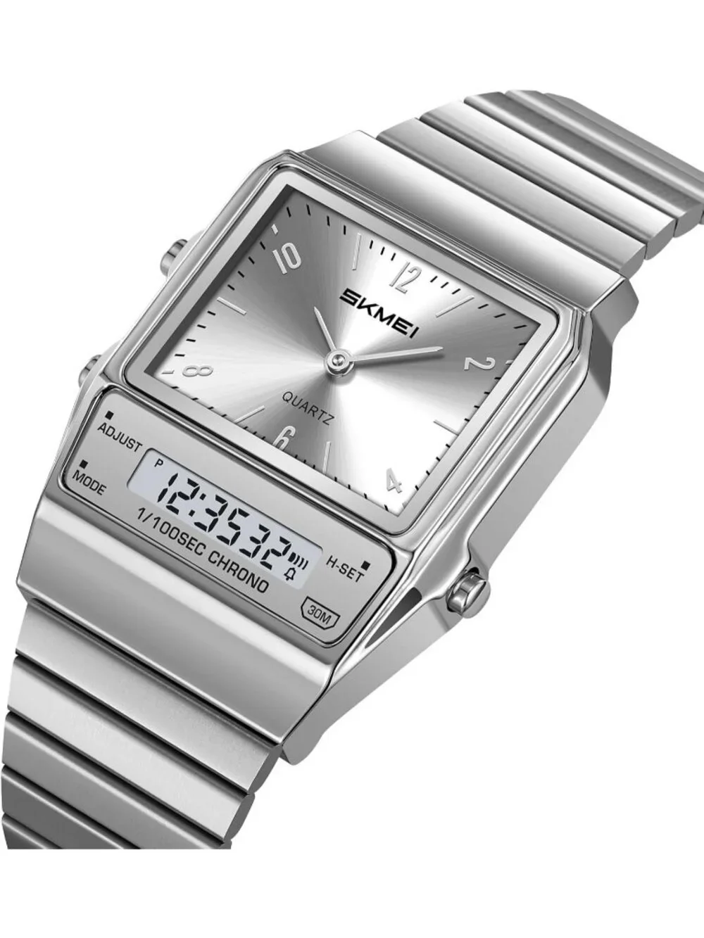 Unisex Silver Digital Analog Retro Square Stainless Steel Stopwatch Wrist Watch